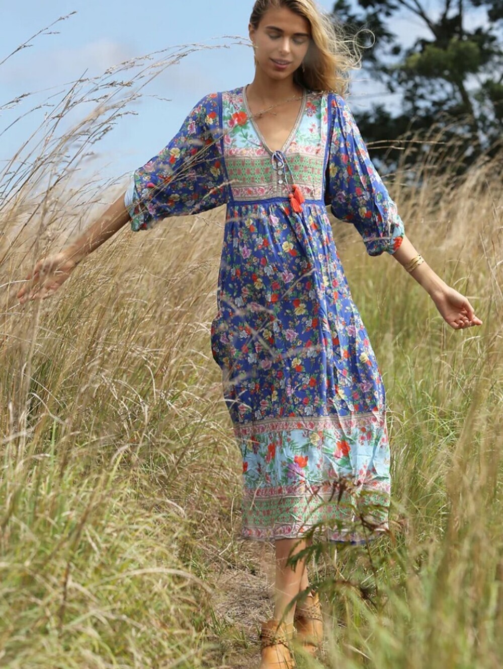 Tulle& Batiste Miriam Bohemian Floral V-Neck Boho Midi Dress Cottage Core Sz XL